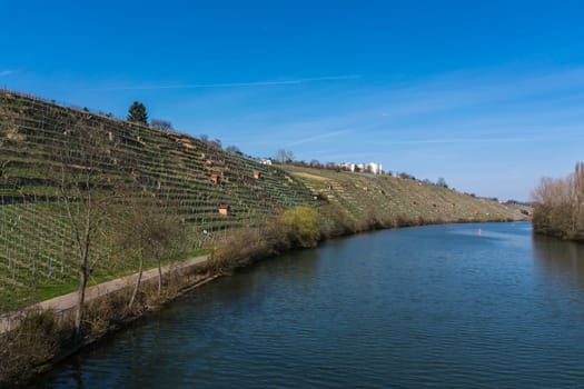European River Max Eyth See Stuttgart Vineyards Sunny Landscape Beautiful Idyllic Blue Skies Clear Weather Green Slopes Mountains Water