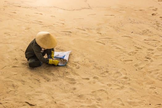 Asian Straw Hat Cleaning Beach Trash Bag Alone
