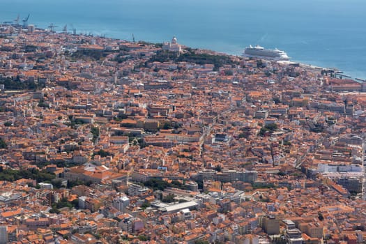 Lisbon Portugal Aerial View Arrival Airplane High Altitude Perpsective Landscape