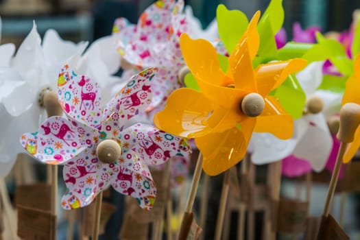 Pinwheels On Sale Market Group Together Crowded Bunch Many Colorful Decorated Flowers Toys