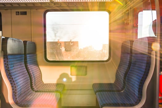 Train Interior Sun Rays Morning Sunrise Seats Inside Traveling View