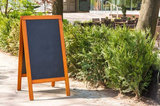 Blank Cafe Chalkboard Sidewalk Bushes Outdoors City Urban Restaurant Menu