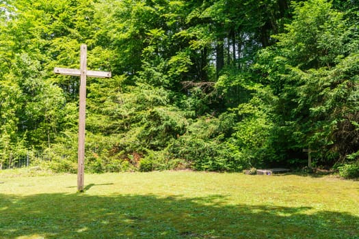 Wooden Cross in Forest Cemetary Graveyard Religious Christian Structure Grass Empty Field
