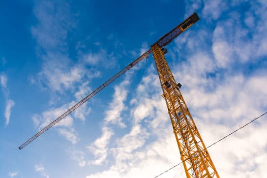 Yellow Construction Crane Closeup Bottom Equipment Outdoors Blue Sky Sunset