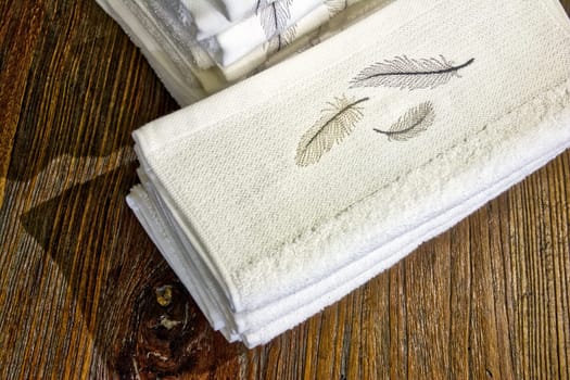 White Towels Wooden Surface Hand Bathroom Folded Stacked Objects Products Multiple