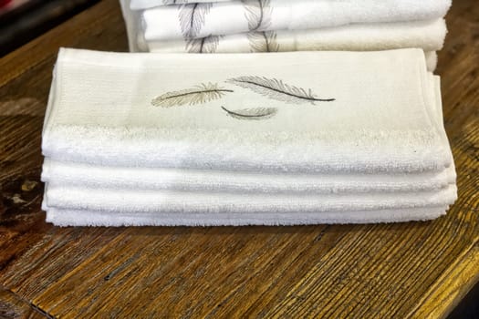 White Towels Wooden Surface Hand Bathroom Folded Stacked Objects Products Multiple