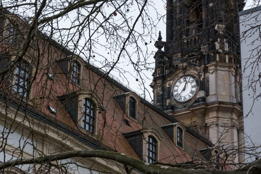 Clocktower Closeup Church White Roman Numerals Stone Architecture Religion Winter Cold Day Tree Branches