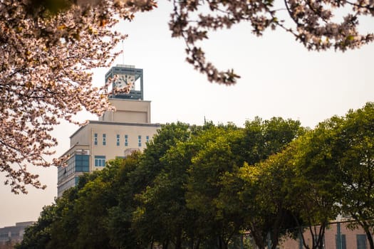 Clock on the Top of the University Campus Building  in Xi'an, China, March 2018