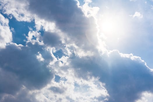 White Clouds Blue Sky Fluffy Sun Flare Airplane Trail  Sunny Daytime Texture Background