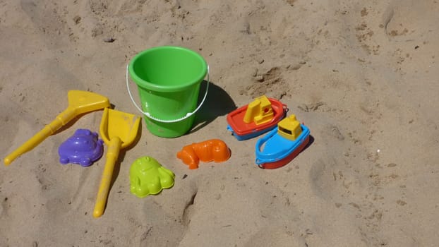 Children Colorful Beach Toys Bucket Shovels Boats Sandy Shore Vacation