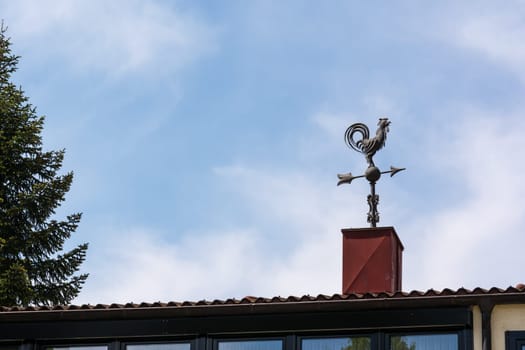 Cock Weather Vane on Blue Sky Rural Area Tree