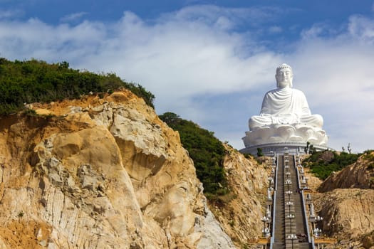 White Buddha Statue Vietnam Steps Cliffs Sunny Asia Religious Monument Landscape