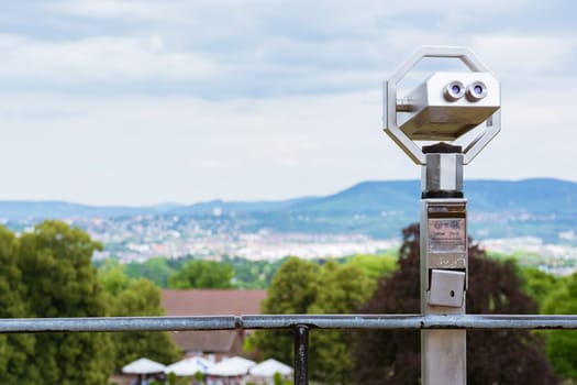 Tourist Paid Binoculars Overlooking City Landscape Blurred Depth of Field Isolated Nature