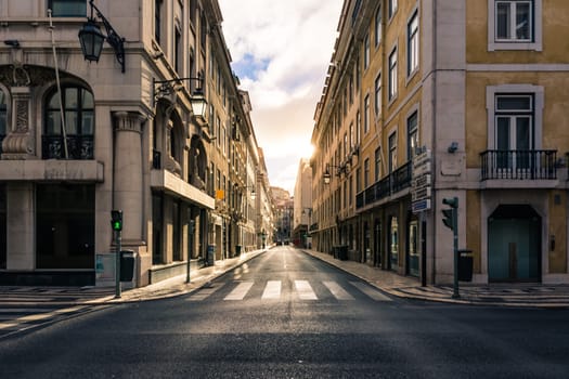 Sunrise over Street in City Center Lisbon Portugal Historic European City Beautiful Morning Scene