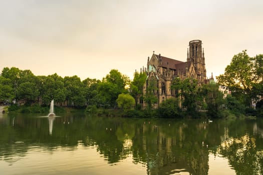 Stuttgart Feuersee Johanesskirche Pond Landscape Germany Europe Architecture Destination
