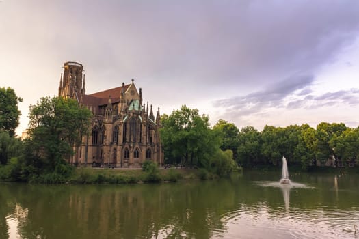 Stuttgart Feuersee Johanesskirche Pond Landscape Germany Europe Architecture Destination