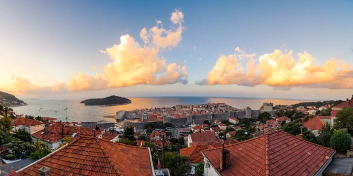 Sunrise Over Dubrovnik City Center Fortress Landscape Cloud Panorama