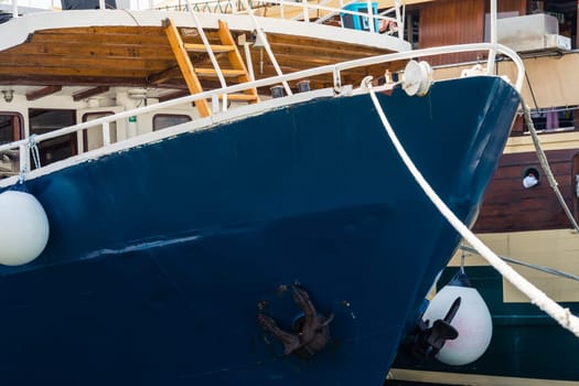 Stern of Large Docked Boat in Harbor Yachting Season