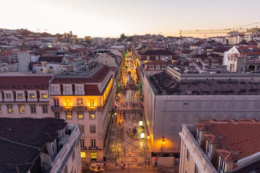Dusk Over Rua Augusta Shopping Street in Lisbon Portugal, August 2017 Summer Tourist Season