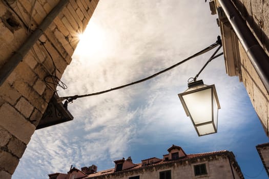 Dubrovnik Croatia Lamps Alleyway Walking Down into City Center Overlooking Rooftops