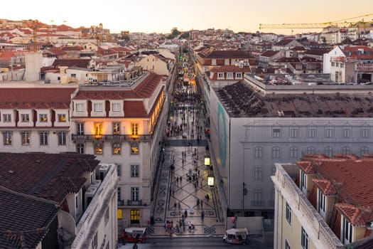 Dusk Over Rua Augusta Shopping Street in Lisbon Portugal, August 2017 Summer Tourist Season