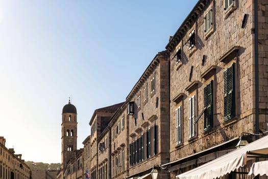 Dubrovnik Croatia Stradun Street View Looking Down Clocktower Daytime