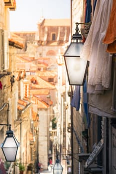 Dubrovnik Croatia Lamps Alleyway Walking Down into City Center Overlooking Rooftops