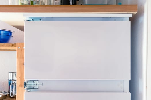 Empty Fridge Door White Template Isolated Text Copy Space Kitchen Shelf Pots Pans