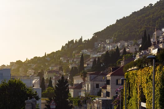 European Houses on Mountainside Hillside Sunset Beautiful Mediterranean Landscape