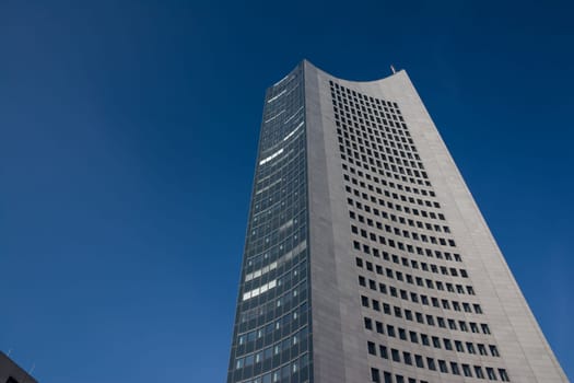 Leipzig Panorama Tower Highrise Skyscraper Blue Skies Outdoors Germany Modern European Architecture Glass Office Building