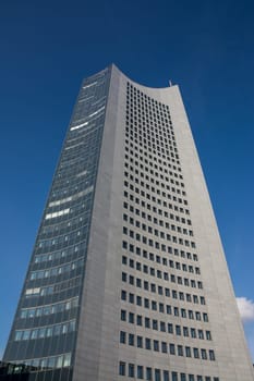 Leipzig Panorama Tower Highrise Skyscraper Blue Skies Outdoors Germany Modern European Architecture Glass Office Building