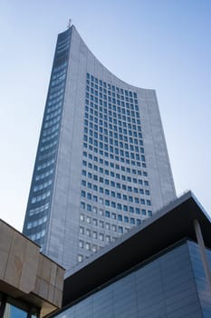 Leipzig Panorama Tower Highrise Skyscraper Blue Skies Outdoors Germany Modern European Architecture Glass Office Building