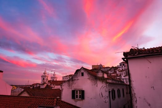 Fiery Sunset Over Alfama Rooftops Historic Area Lisbon Portugal Dusk
