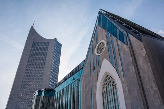 Leipzig Panorama Tower Highrise Skyscraper Blue Skies Outdoors Germany Modern European Architecture Glass Office Building