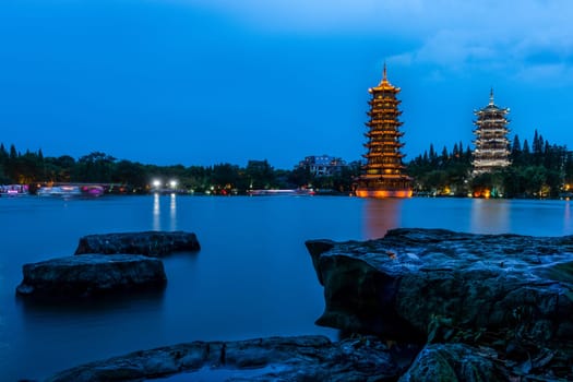 Guilin, China Two Pagodas on Lake During Twilight