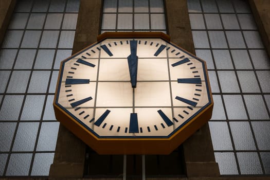 Large Stone Wall Clock Windows Glass Train Station Hands Midday 12 o Clock Glowing Face Hands