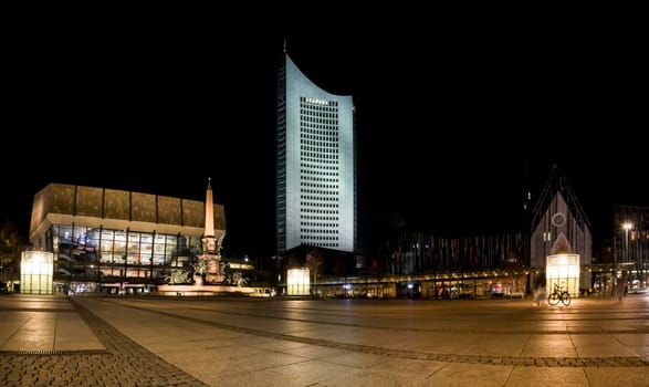 Leipzig Augustusplatz Reflection Night Panorama Tower Windows Afternoon Germany Travel Tourism City Center