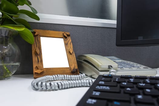 Photo Frame Billboard Rectangular White Mockup on the Desk