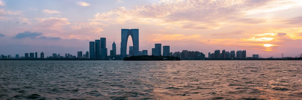 The River Sunset at The Gate of the Orient in Suzhou, China