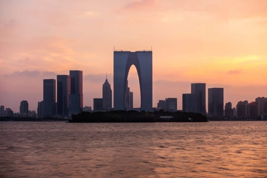The River Sunset at The Gate of the Orient in Suzhou, China