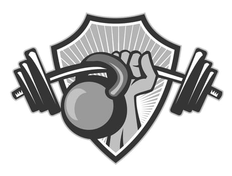Illustration of a hand lifting weights barbell kettlebell set inside shield crest done in black and white grayscale retro style.