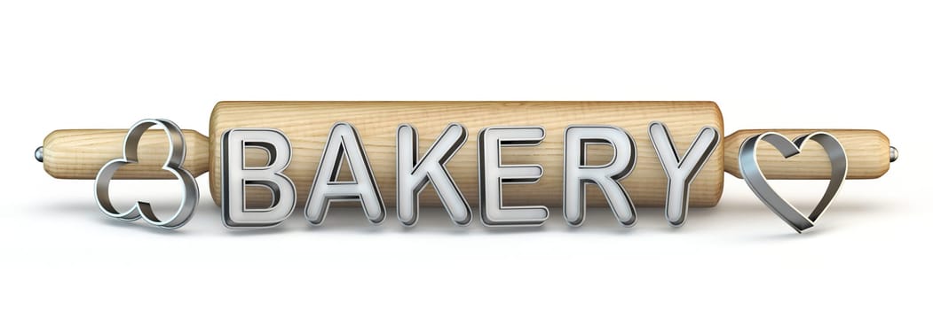 Wooden rolling pin, BAKERY text and cookie cutter 3D rendering illustration isolated on white background