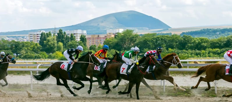 PYATIGORSK, RUSSIA - JULY 22, 2018:Horse racing for the prize of Letni on the Pyatigorsk hippodrome,Northern Caucasus,Russia.