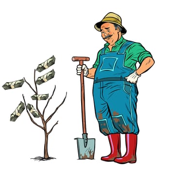 old gardener grows dollars on a tree. Pop art retro vector illustration kitsch vintage