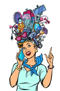 stewardess woman dreams about gadgets. Pop art retro vector illustration kitsch vintage