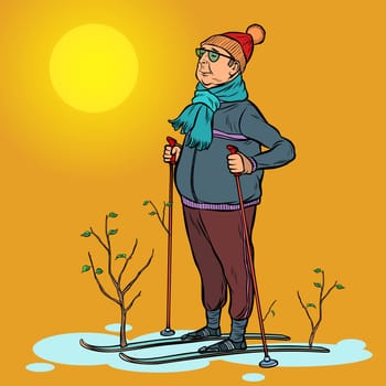skier man spring in the forest, sun. Pop art retro vector illustration kitsch vintage