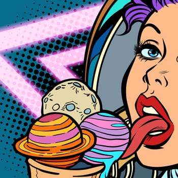 Planets are like ice cream. Woman astronaut licks sweets. Pop art retro vector illustration. Girls 80s