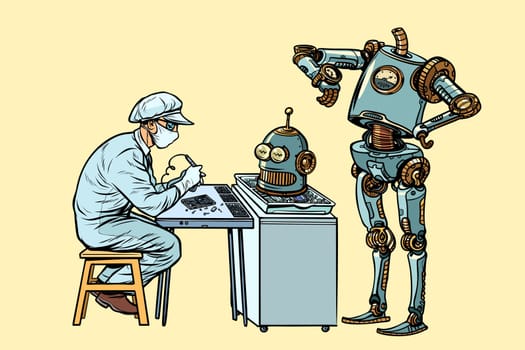 The robot came to repair the head. Electronics engineer specialist. Pop art retro vector illustration kitsch vintage