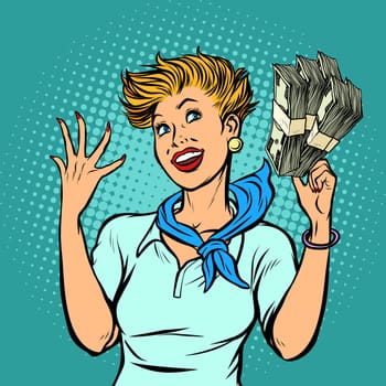 flight attendant counts dollars. Pop art retro vector illustration kitsch vintage