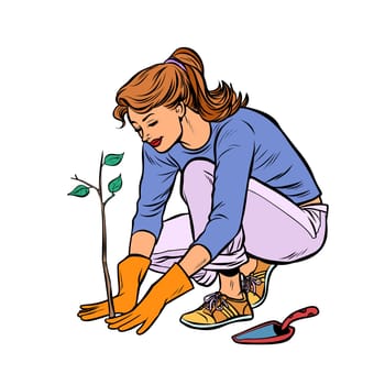 woman working in the garden, planting a seedling. Pop art retro vector illustration vintage kitsch
